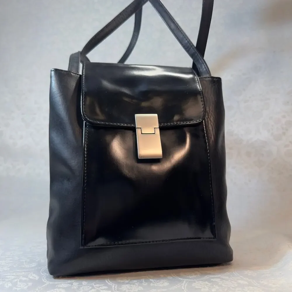 Faux Leather Sleek Black Shoulder Bag Silver Hardware